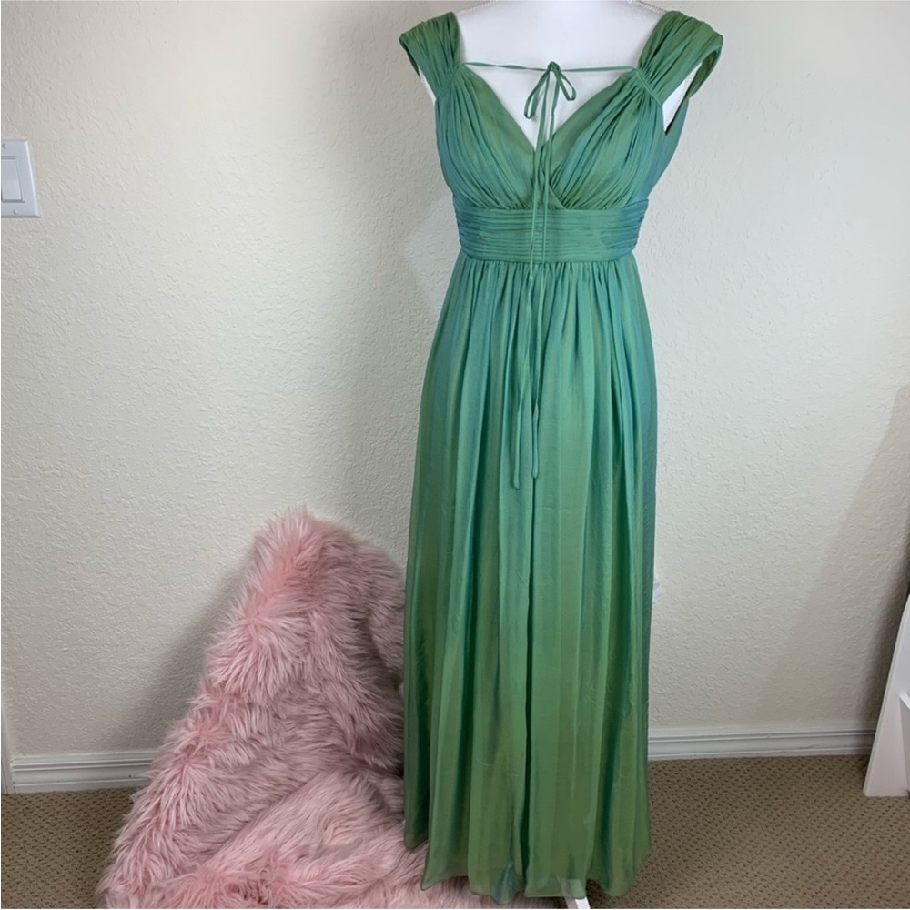 Kay Unger Silk Off Shoulder Maxi Evening Dress, green gown wedding or formal